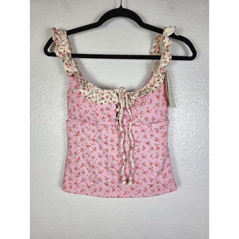 Blogilates Pink Floral Ruffle Lace Up Tank Top Women's Size XS